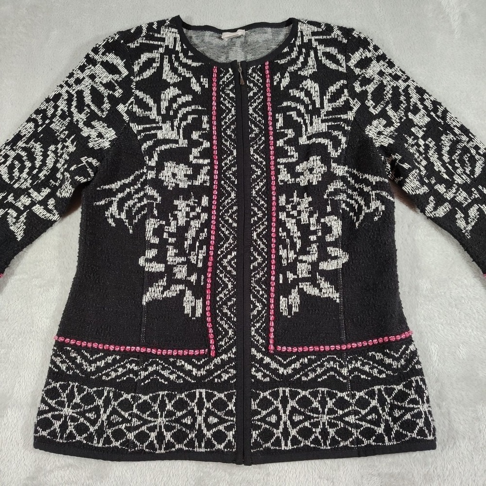 Chicos Sweater Jacket‎ Ladies 0/US 8 Black/White Full Zip Knit Travel Comfort